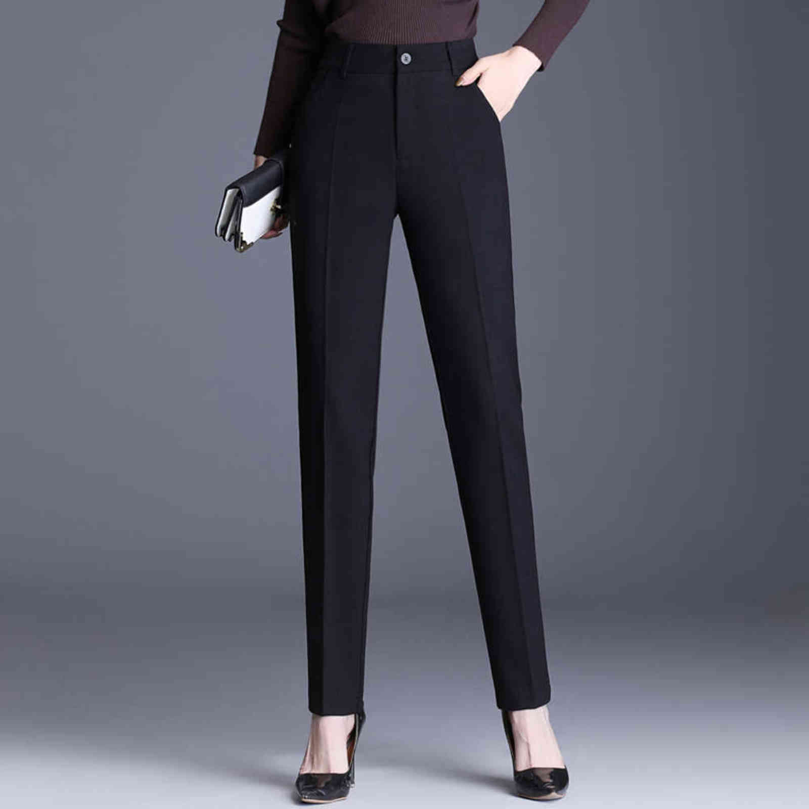 Plus Size High Waist Women's Pants Black Work Wear Office Elegant Straight Female Quality Gray Casual Trousers 211115