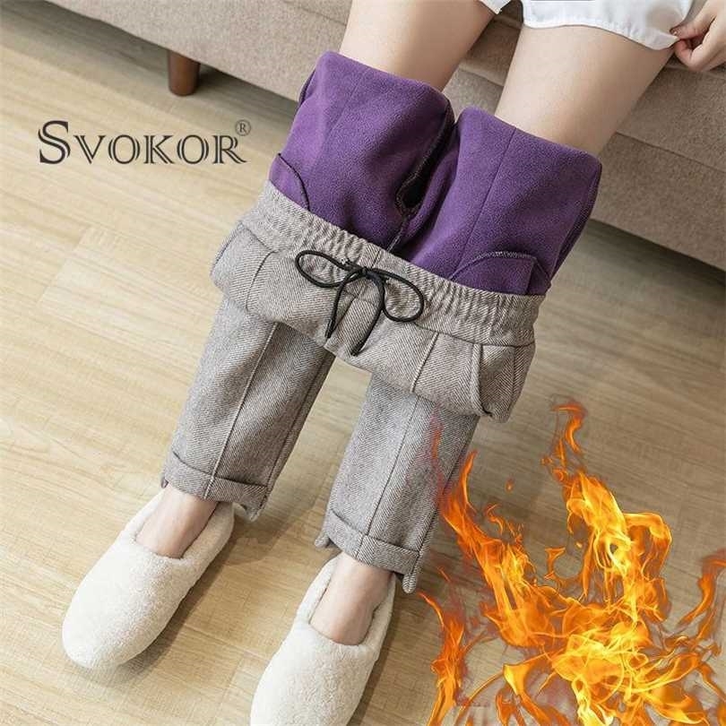 SVOKOR Winter Warm Harlan Pant Plus Velvet Thickening Korean Casual Trouse Woolen Houndstooth 211124Z