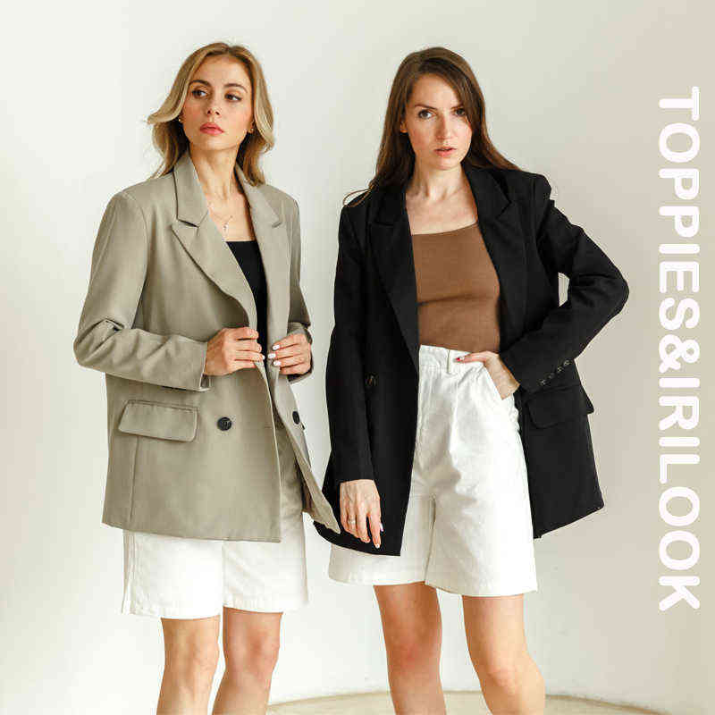 TOPPIES Womens Long Blazer Double Breasted Suit Jacket Loose Oversize Coat Solid Color Formal 211122