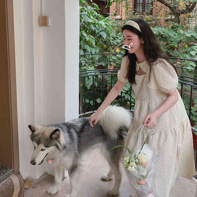 French Vintage Midi Dresses Women Casual Puff Sleeve Kawaii Elegant Dress Females Korean Fashion Evenng Dress Summer Chic 210521