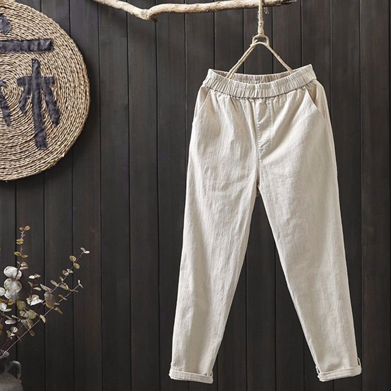 Spring Women Harem Pants Plus Size Elastic Waist All-match Casual Ankle-length Cotton Female Solid Khaki D149 210512