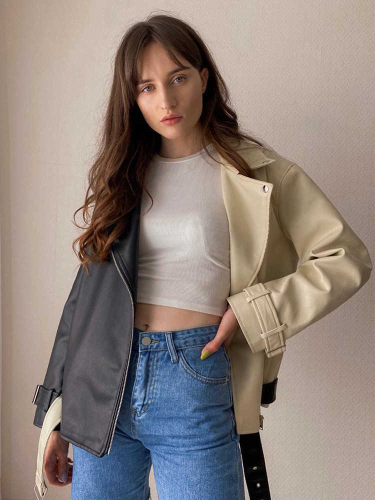 FTLZZ Spring Autumn Lapel Splicing Pu Leather Jacket Women Moto Frenulum Faux Soft Leather Coat Casual Loose Outwear With Belt 210908