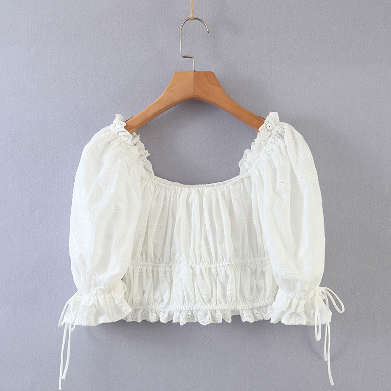 Women White Embroidery Hollow out Square Collar Puff Sleeve Shirt Retro Elastic Ruched Slim Short Blouse Crop Summer Tops 210429