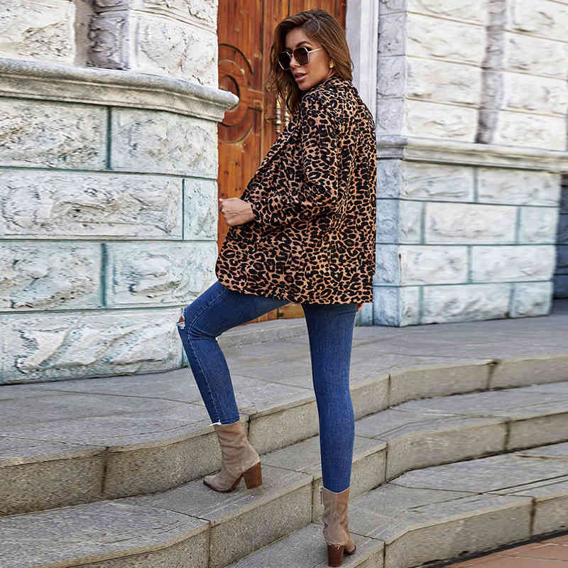 Elegant Leopard Print Blazers Jacket Women Autumn Winter Turn-down Collar Casual Slim Long Sleeve Button Cardigan Suit Coats 210522
