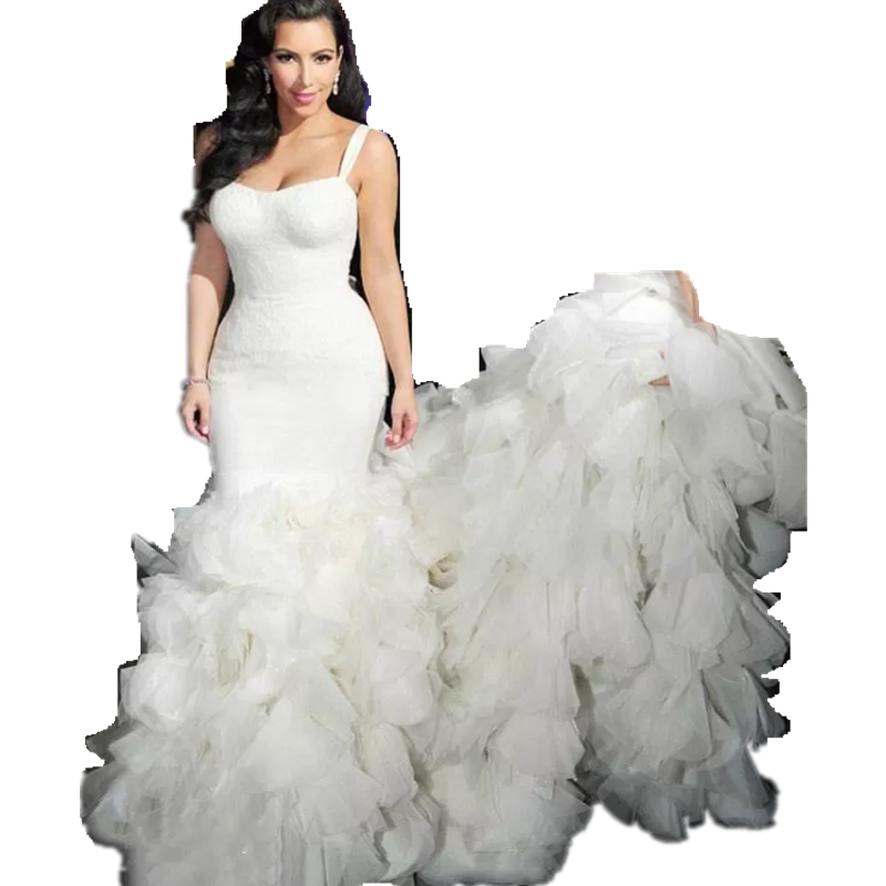 Luxury Kim Kardashian Mermaid Wedding Dresses Sexy Straps Organza Ruffle Skirt Long Chapel Train Formal Trumpet Bridal Gowns Custom Made