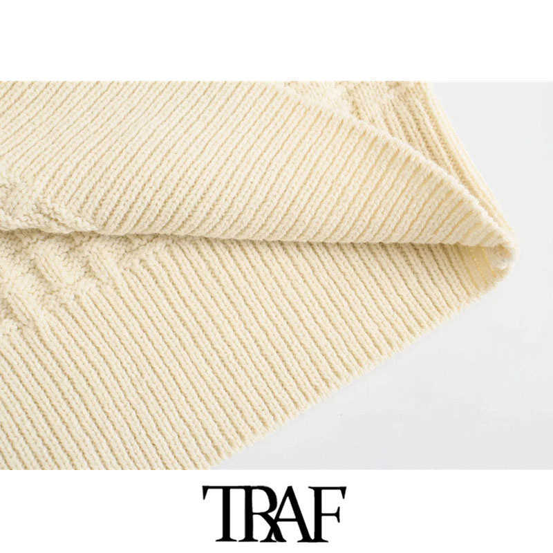 TRAF Women Fashion Oversized Knitted Vest Sweater Vintage Lapel Collar Sleeveless Female Waistcoat Chic Tops 210819