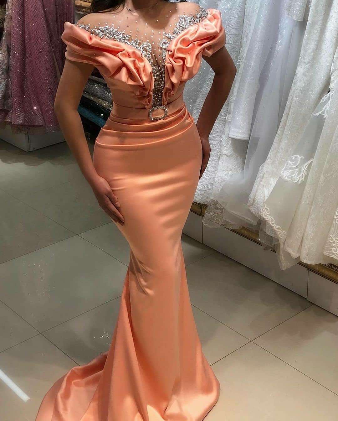 Plus Size Satin Mermaid Prom Dresses Cap Sleeves Sheer Neck Beading Crystals Evening Formal Party Second Reception Gowns