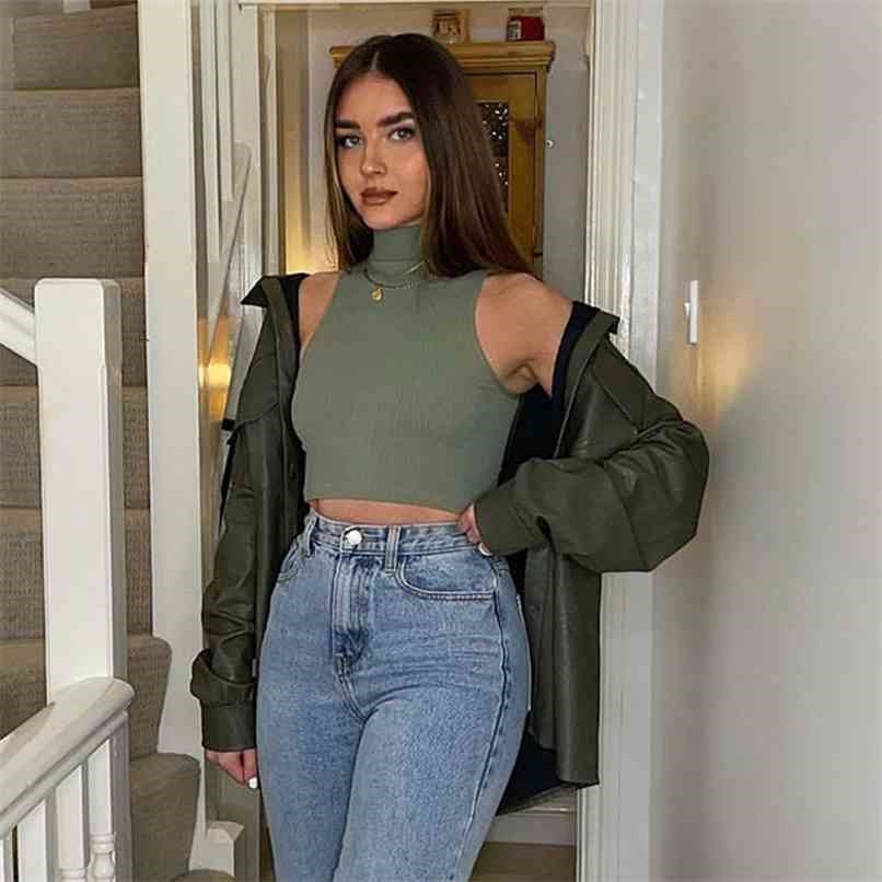 Knit Sweater Vest Women High Neck Sleeveless Casual Fashion Chic Lady Fitted Cropped Sweaters Pullovers Tops Woman 210819