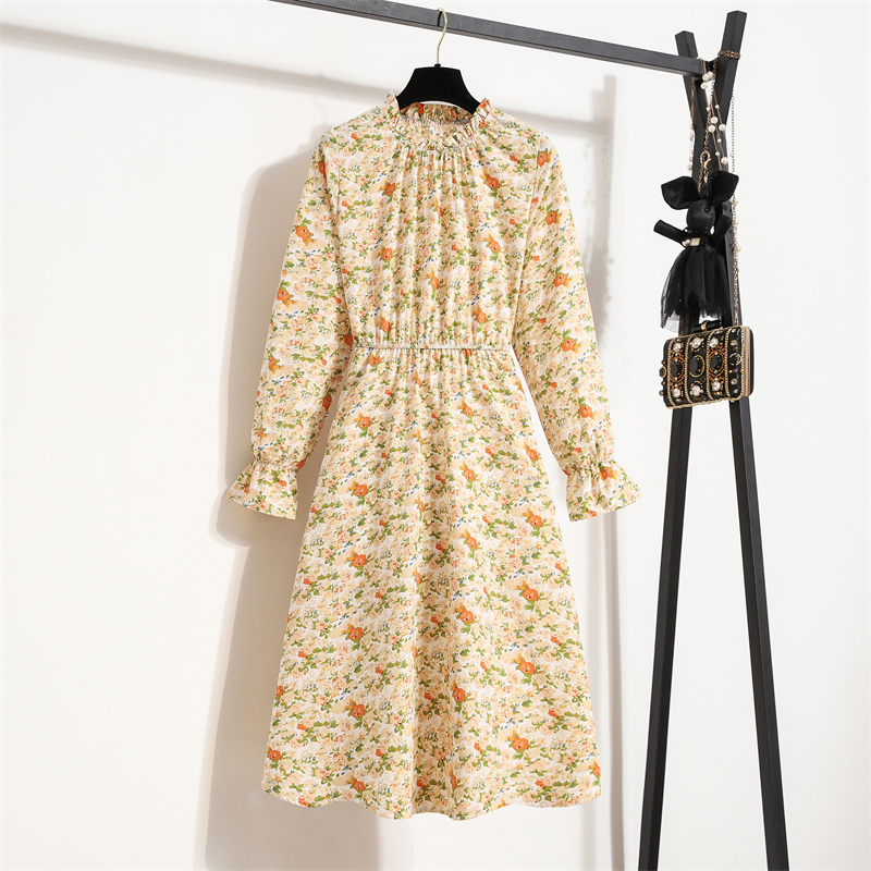 Women's Chiffon Dress Female Vintage Floral Printed Long Sleeve Half Turtleneck Midi Dresses Spring Autumn Flare Sleeve Vestidos 220310