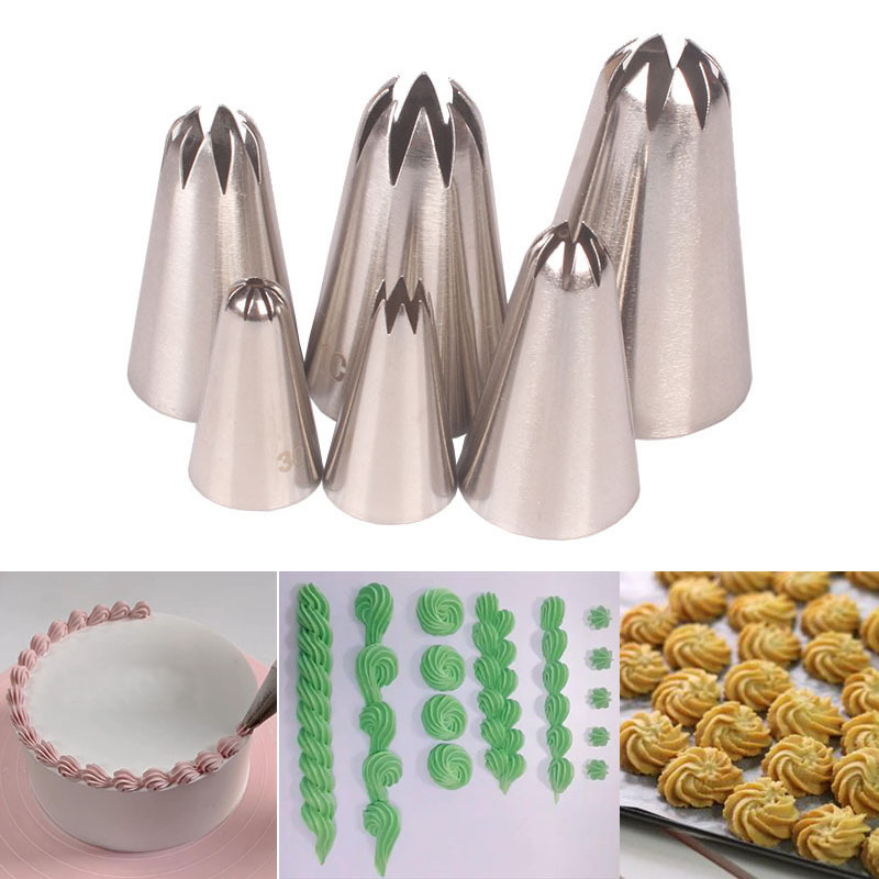 6Pcs/Set Silver Pastry Nozzle Fondant Decor 8-tooth Kitchen Gadgets Cookies Supplies 304 Stainless Steel Cakes Decoration