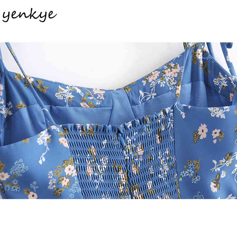 YENKYE Sweet Floral Print Holiday Summer Dress Women Sleeveless Sexy Slits A-line Midi Sling Chiffon Dress Female Party Vestido 210515