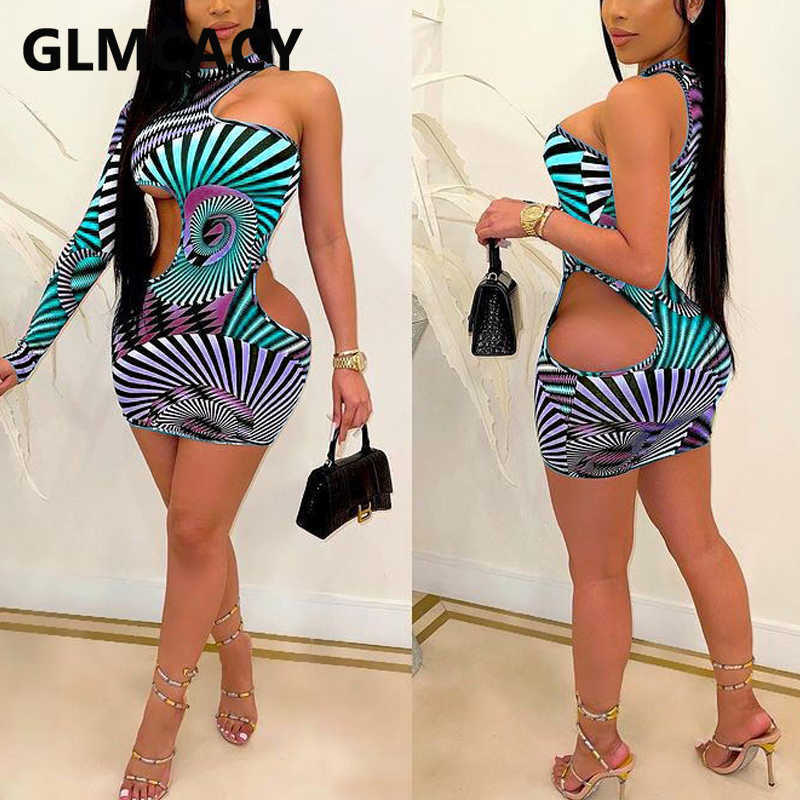 Women One Shoulder Cut Out Bodycon Dress Abstract Skinny Party Club Mini Dresses 210702