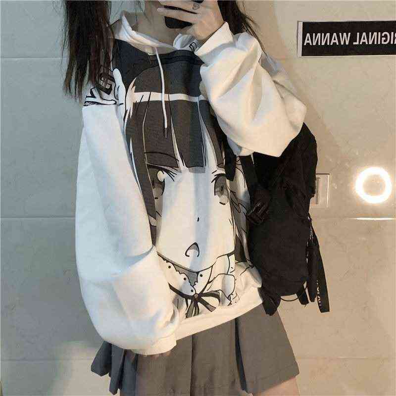 QWEEK Anime Sweatshirt with Print Spring Women Japanese Harajuku Manga Kawaii Cute Hoodies Streetwear Women White Tops 211108