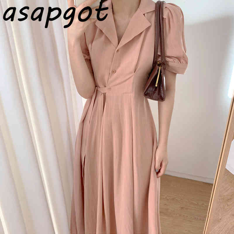 Minimalist Elegant Temperament Chic Korean Slim Lapel Three Button Side Bandage Waist Dress Lady Puff Short Sleeve Solid Summer 210429