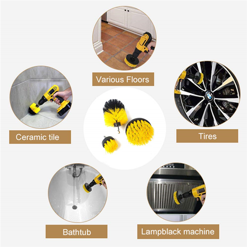 3pcs/Set Scrubber Drill-Brush Kit Plastic Round Car Tires Nylon Brushes Household Tile Crack Cleaning Electric Drill Brush Head Set