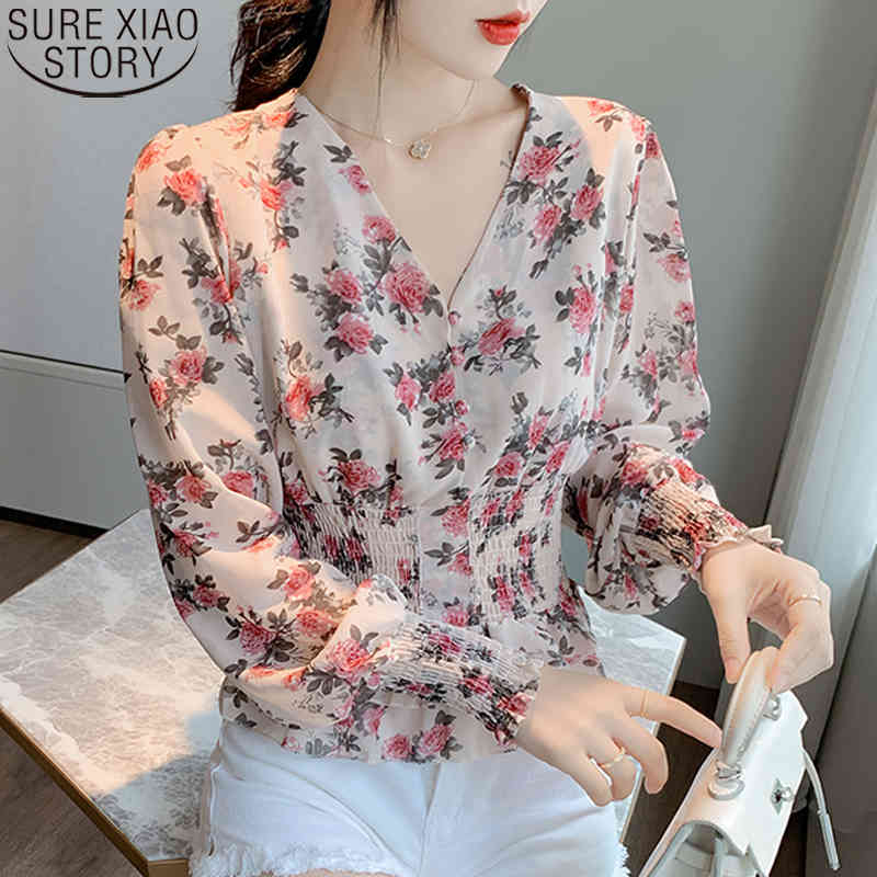 Casual V-Neck Lantern Long Sleeve Shirt Floral Print Shirts Women Chiffon Blouses Blusas Mujer Autumn Pullover Tops 10585 210506