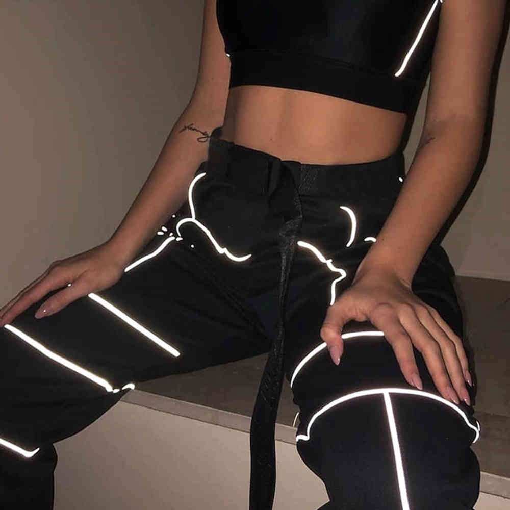 Women Autumn Reflective Cargo Pants Harms Black Sweatpants Trousers Ladies Wild Belt Decoration 210428