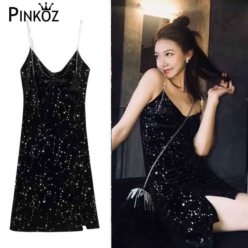 black dress vntage party mini spaghetti dinner es ssexy night club chains strap star velvet for women vestidos 210421