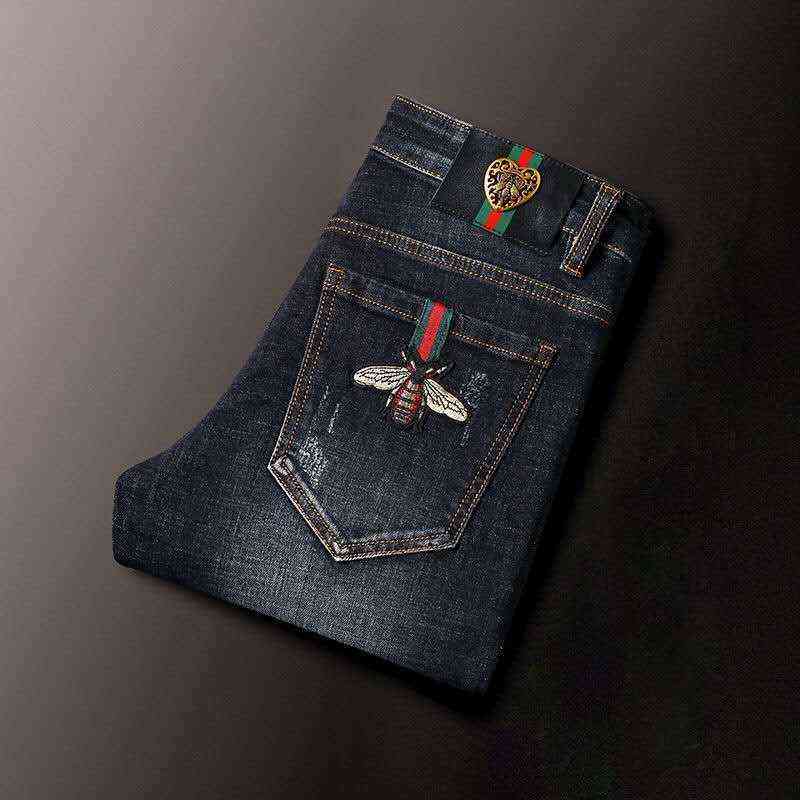 High-end Men's denim jeans feet pants slim fit autumn casual stretch all-match embroidery little bee teenagers pencil 211111