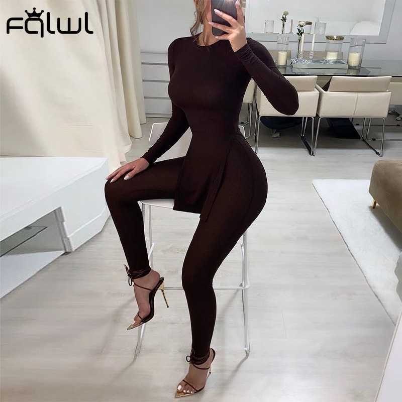 FQLWL Summer Streetwear Bodycon 2 Two Piece Sets Women Outfits Long Sleeve Side Slit O Neck Longer Top White Pants Matching Sets Y0625