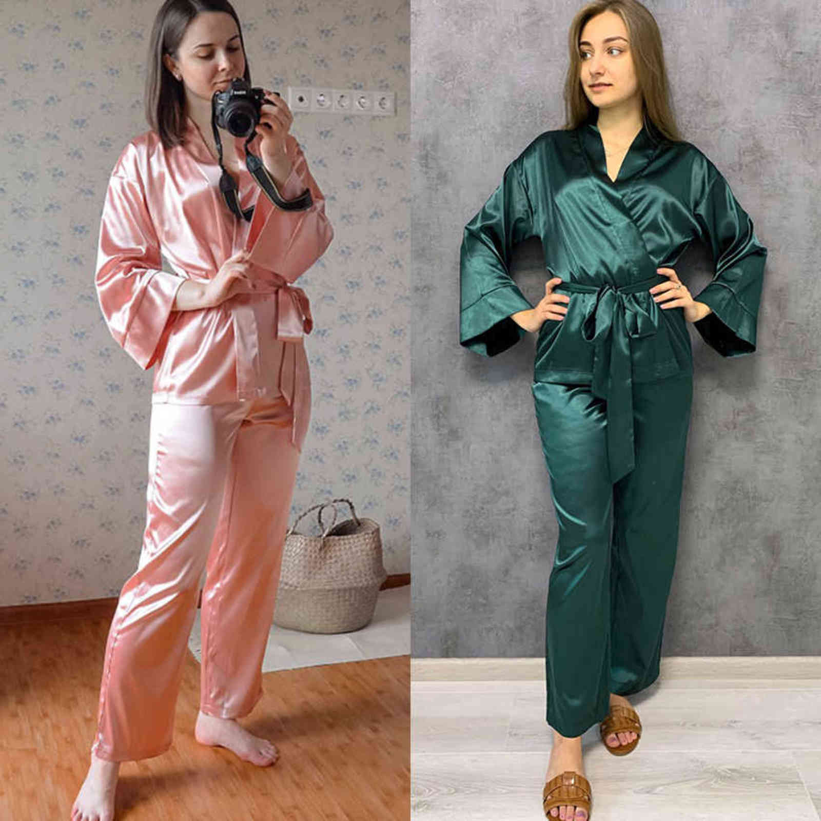 HECHAN Solid Women Robes With Sashes 2 Piece Set Wrist Sleep Tops Satin Pants Loose Pajamas Casual Sleepwear Female Home Suits 211118