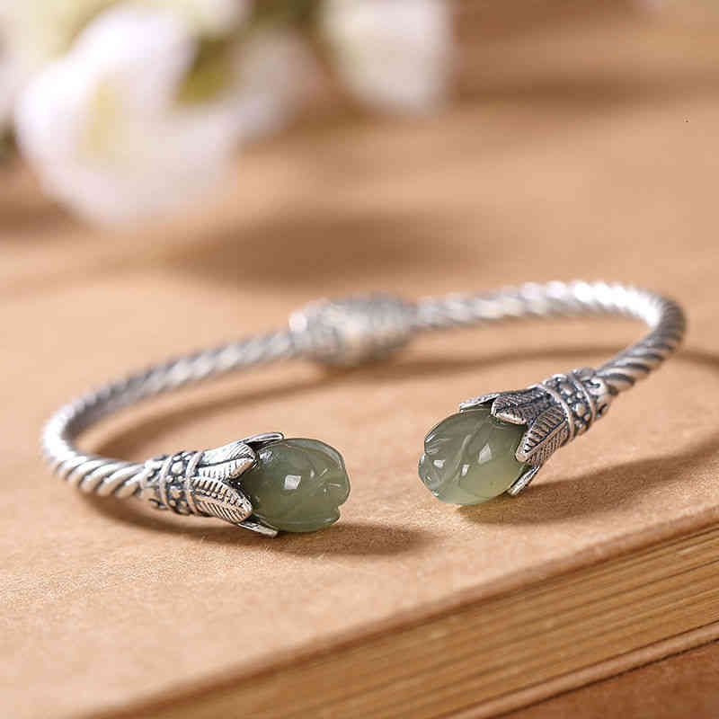Original S925 Sterling Silver Hetian Jade Gray Personality Magnolia Antique Distressed Ladies Open-ended Bracelet