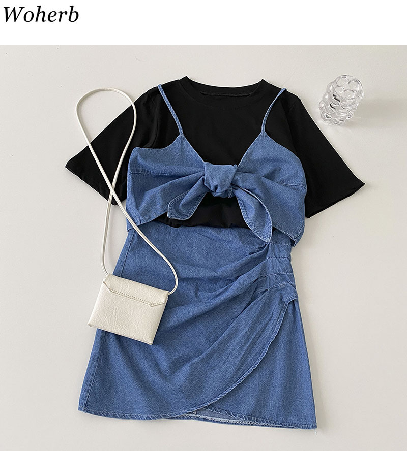 Summer Streetwear Fashion Suits Women Casual White Top Denim Sling High Waist Folds Skirt Temperament Three-piece Sets 210519