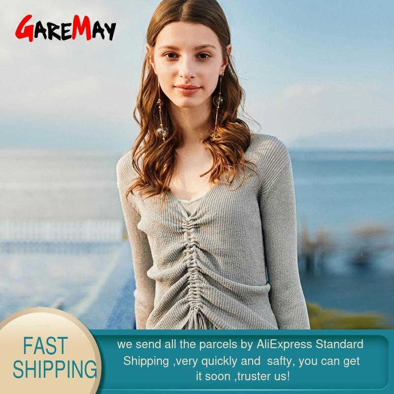 Lace Up Sweater Women Long Sleeve Short Knitted s White V Neck Ribbed Cropped Jumper Spring Pullover 210428