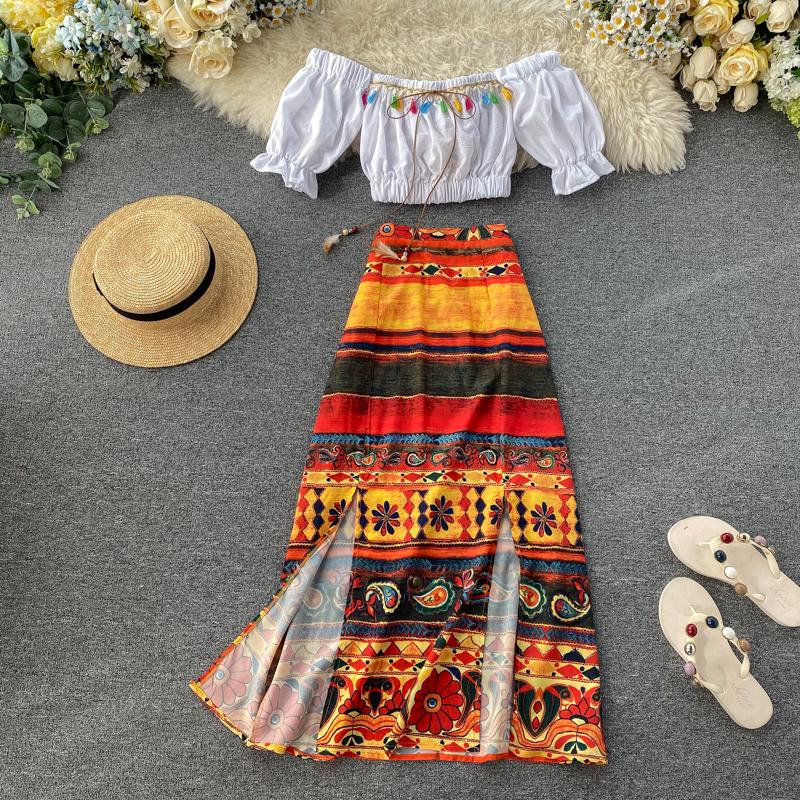 Gagarich Women Two Piece Set Bohemian Style Fashion Female Short Sleeve Crop Shoulder Tops Wild Long Split Skirt Dress