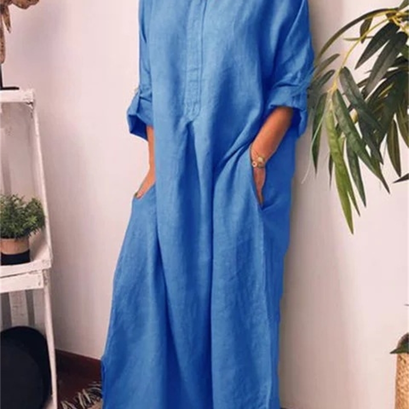 Women Dress Split O-Neck White Yellow Blue Cotton Dresses Loose Plus Size Long Summer Clothes 210524