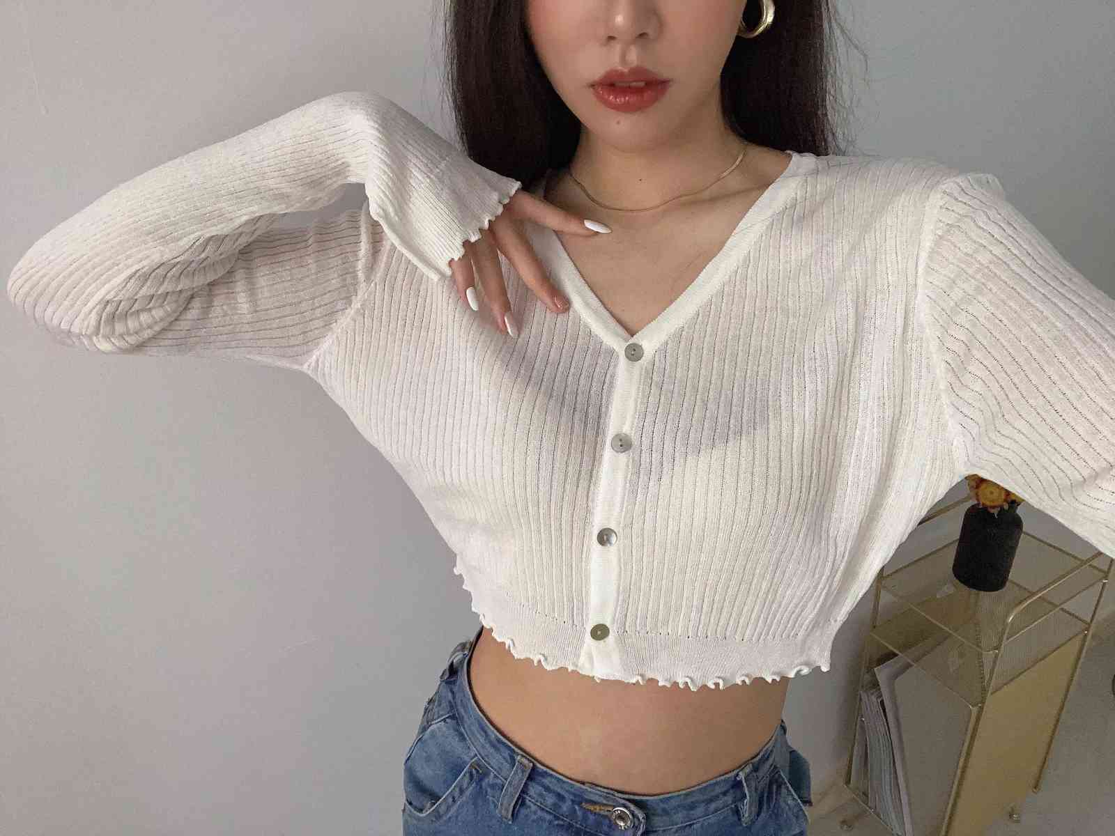 French Style Vintage Knitting Stripe Line Through Crop Knit Cardigan Sweater Woman V neck Split Long Sleeve Jumper Knitwear 210429