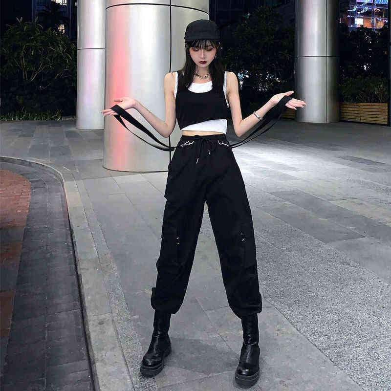 QWEEK Goth Cargo Pants Women Punk s Harajuku High Waist Oversize Detachable Strap Casual Trousers Emo Techwear 211115
