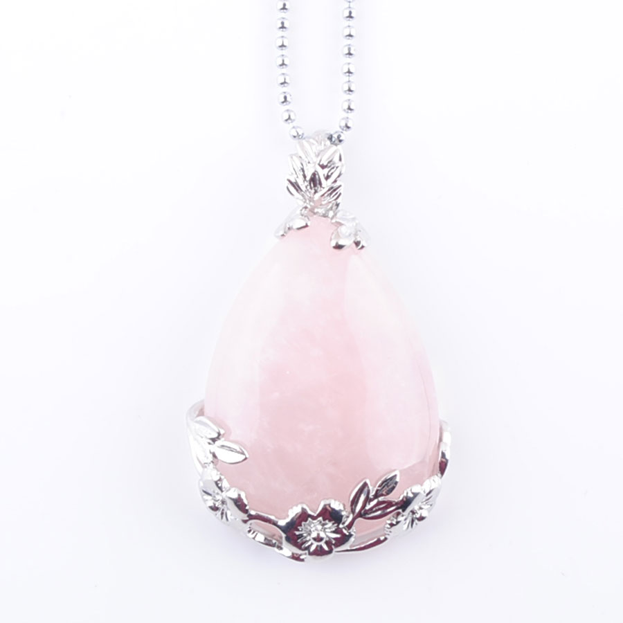 WOJIAER Tear Water Drop Love Natural Rose Quartz Gem Stone Pendant Necklace Reiki Bead Women Jewelry DN3470