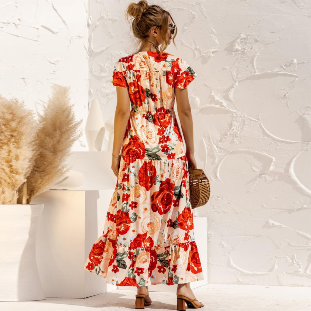 Women Boho Maxi Dress Summer V Neck Floral Print Lace Up Button Long Dresses Fashion Short Sleeve Ruffles Beach Female Robe 210522