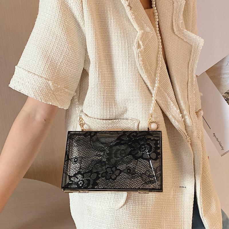 Evening Bags Black & White Lace Acrylic Box Design Pearl Chain Ladies Party Clutch Bag Shoulder Tote Women Flap Handbag