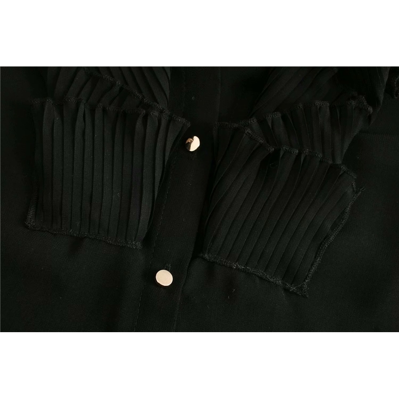 Elegant Women Chiffon Pleated Shirts Fashion Ladies Lantern Sleeve Tops Sweet Female Chic Bow Cascading Ruffles Blouse 210430