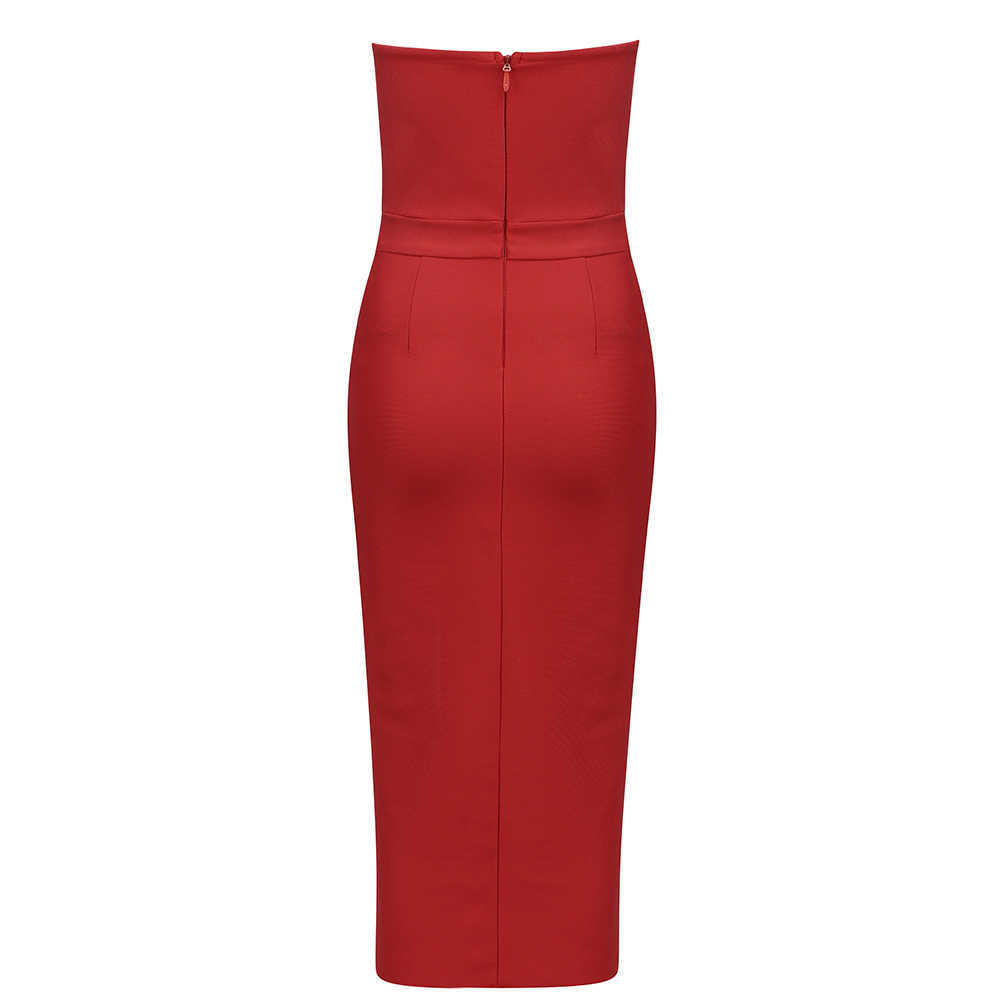 Red Strapless Bandage Dress Ladies Sexy Ruffled Belt Sleeveless Bodycon Club Celebrity Party Vestidos 210525