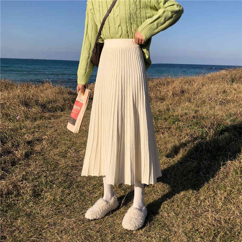 Nomikuma High Waist Women Sweater Skirts Causal Solid Korean Pleated A-line Skirt Autumn Winter Mujer Faldas New 6D292 210427