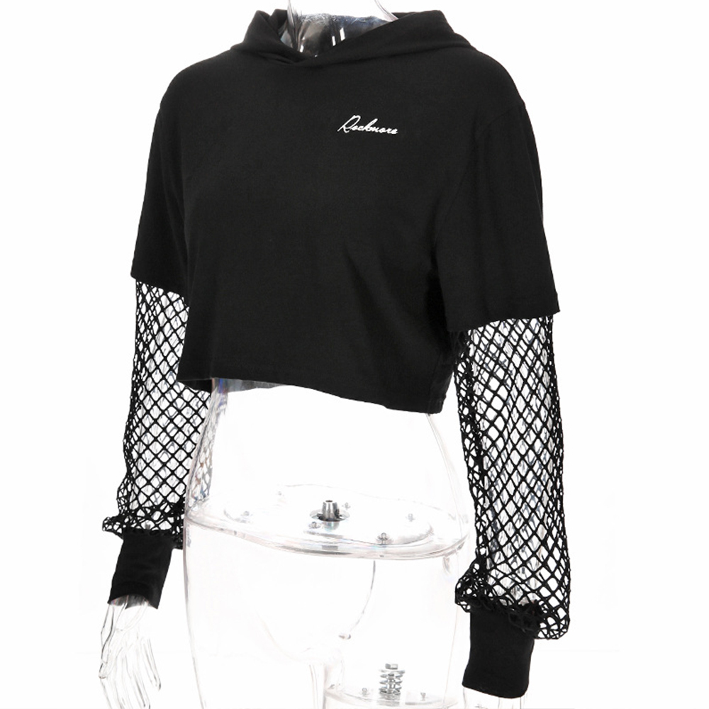 Women Mesh Long Sleeve Crop Tops Casual Letter Print Short Hoodies Sweatshirts Female Streetwear Fashion 210428