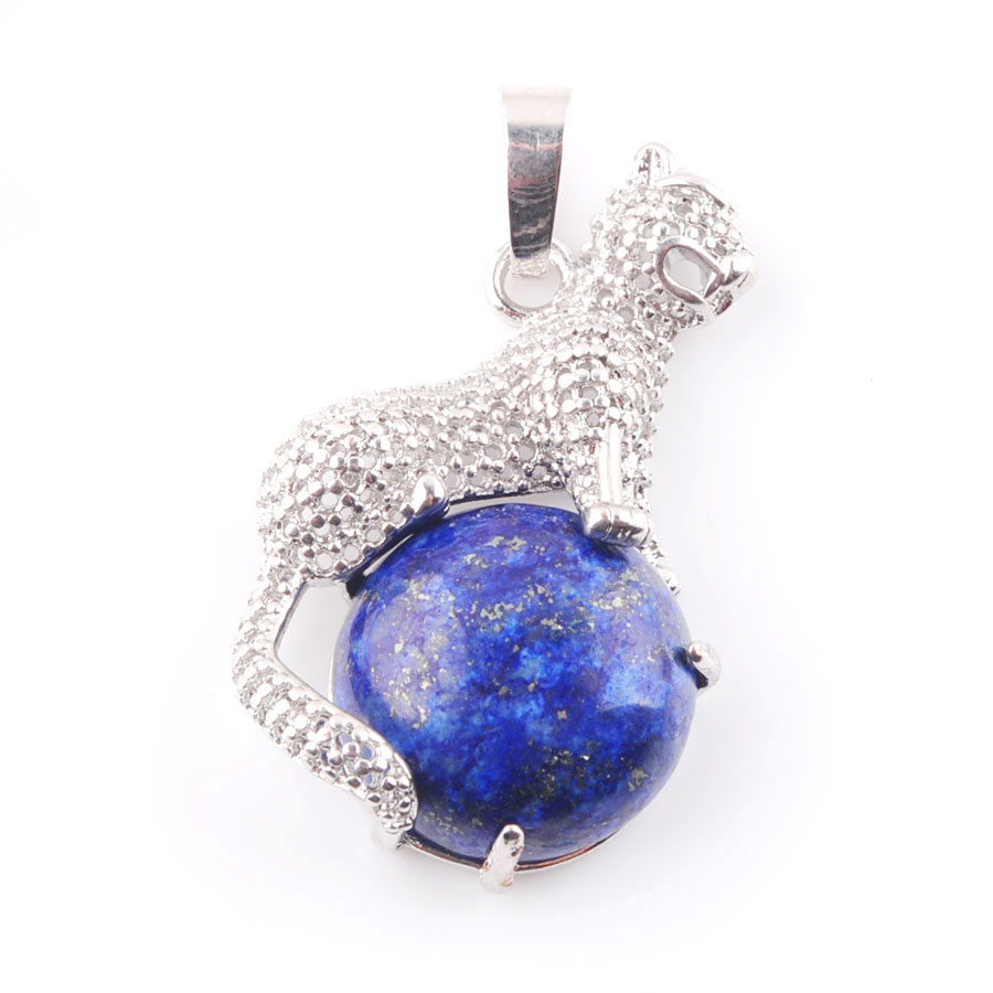 WOJIAER Cute Leopard Pendants for Round Gem Stone Natural Snow Amethyst Tigers Eye Healing Charm Jewelry BN373