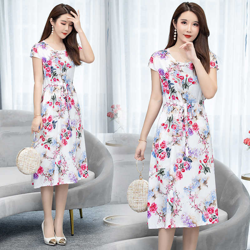 Loose Party Vestidos Casual Dress Sundress Plus Size Women Clothes Print Elegant O-neck Short Sleeve Summer Straight Natural 210630