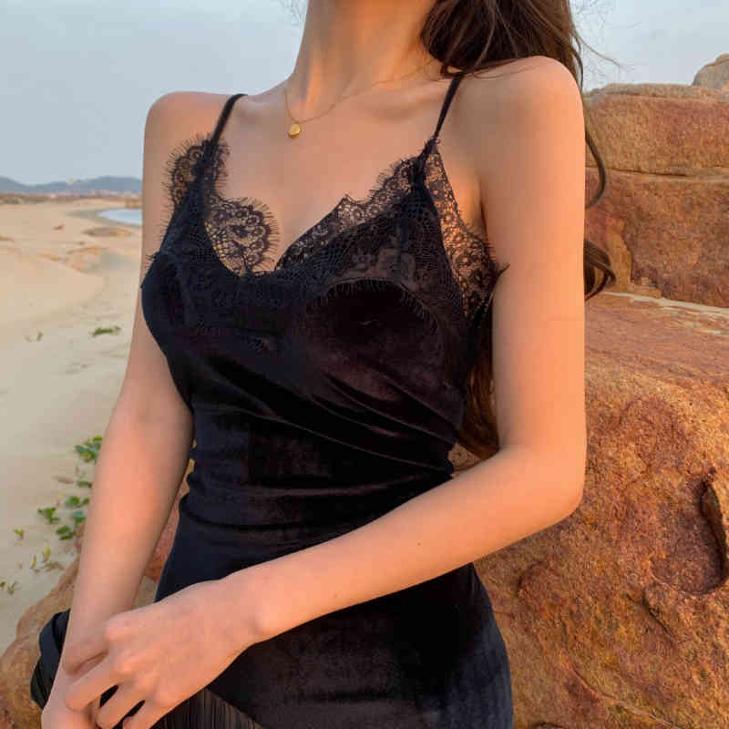 Black Vingate Strap Dress Women Sexy V-neck Lace Elegant Midi Dress Female Beach French Dress Korean Summer Y2K 210521