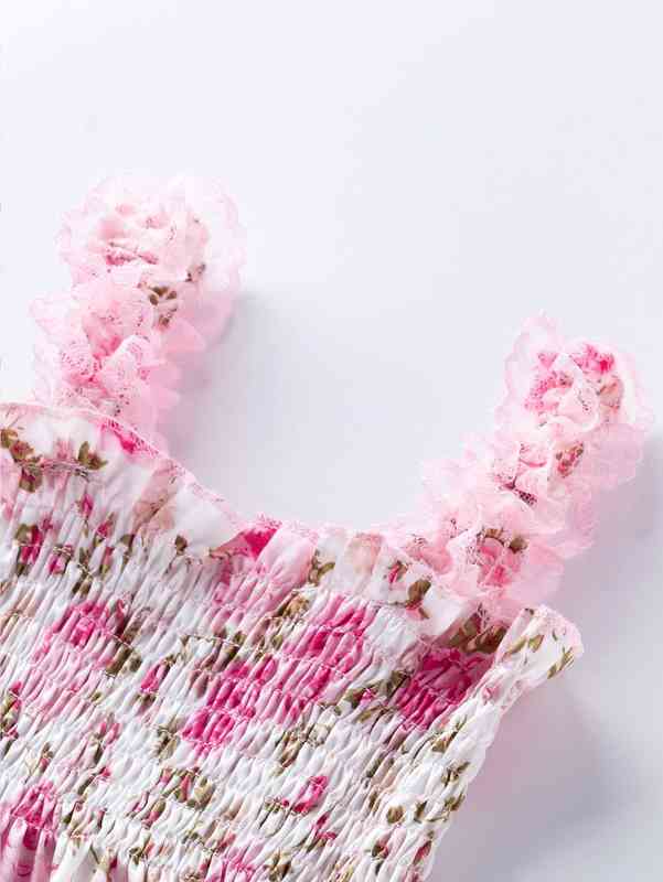 Baby Girl Allover Floral Shirred Satin Romper & Headband SHE