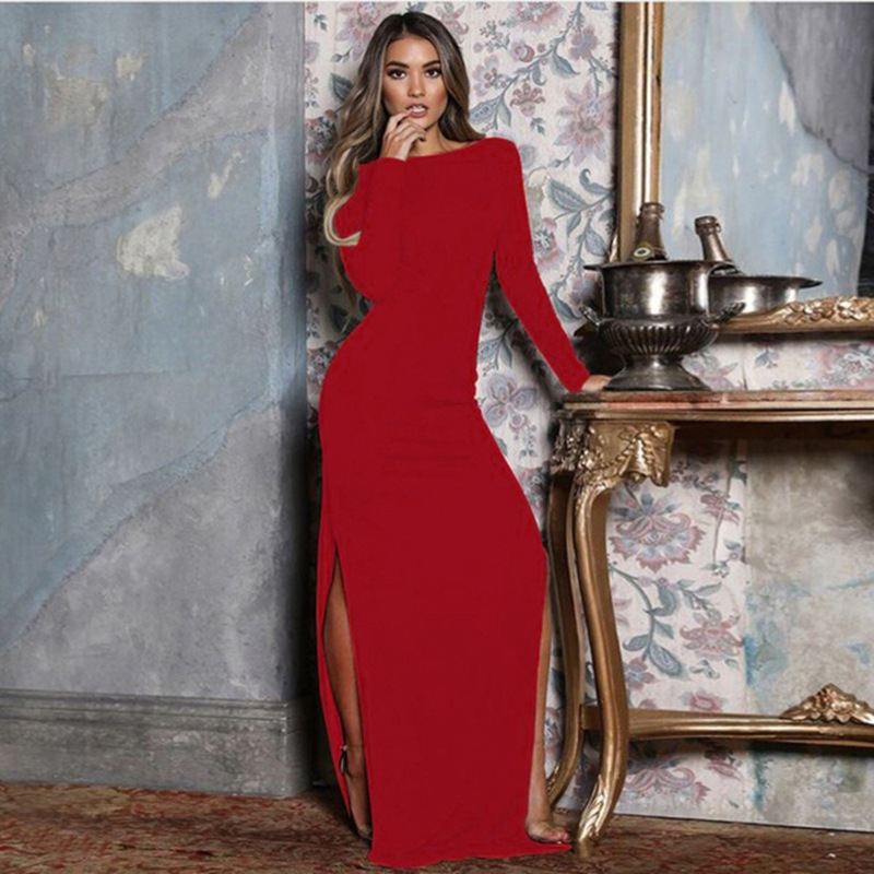 Women Dress Temperament Ladies es Backless Split Long Sleeve Vintage Plus Size Sexy es Autumn Winter 210513