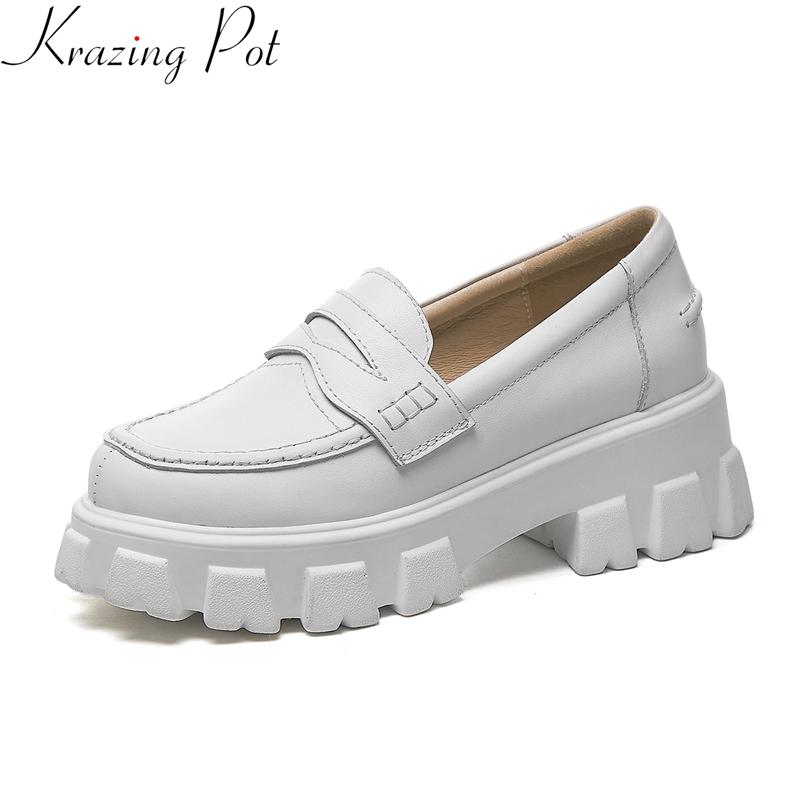 Krazing Pot Comfortable Big Size Cow Leather Platform High Heels Casual Shoes Spring Loafer White Sneaker Increasing Women Pumps Dress, Black