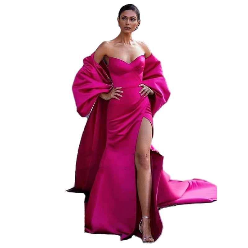Modern Fuchsia Long Mermaid Evening Dresses With Back Big Bow Train Side Slit Sweetheart Night Prom Dress Formal Party Gowns Runway Pageant Wear Vesti