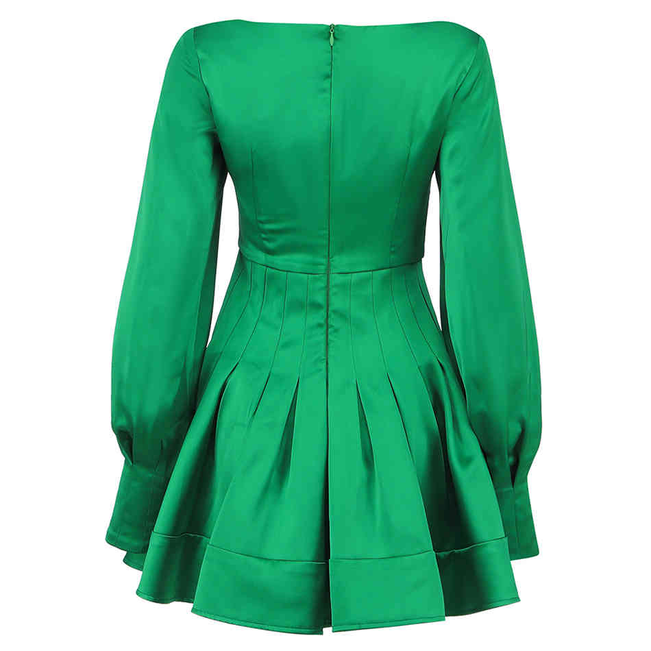 Free Chic Women's Green Mini Dress Sexy Square Neck Puff Sleeve Bodycon Draped A-line Club Party Vestido 210524