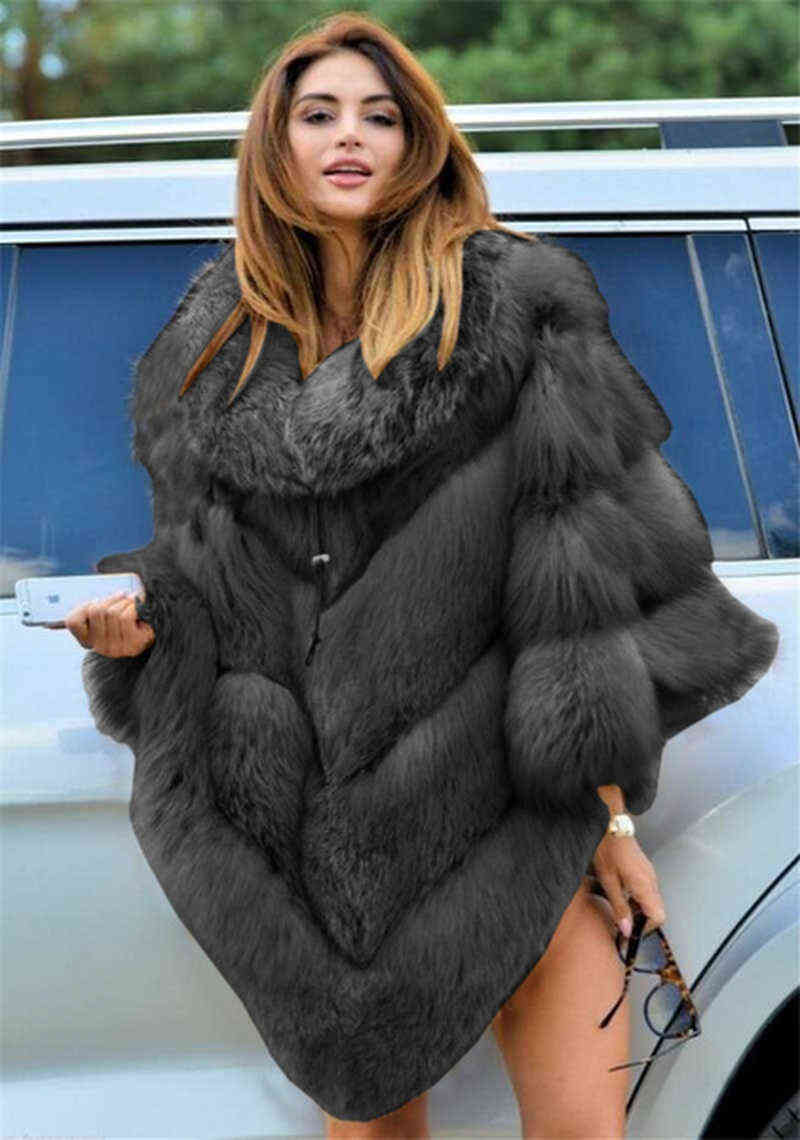 Faux Fur Coat Women Fur Winter Warm Oversized Long Sleeve Cape Poncho Overcoat Pullover Jacket Outwear Plus Size 211123