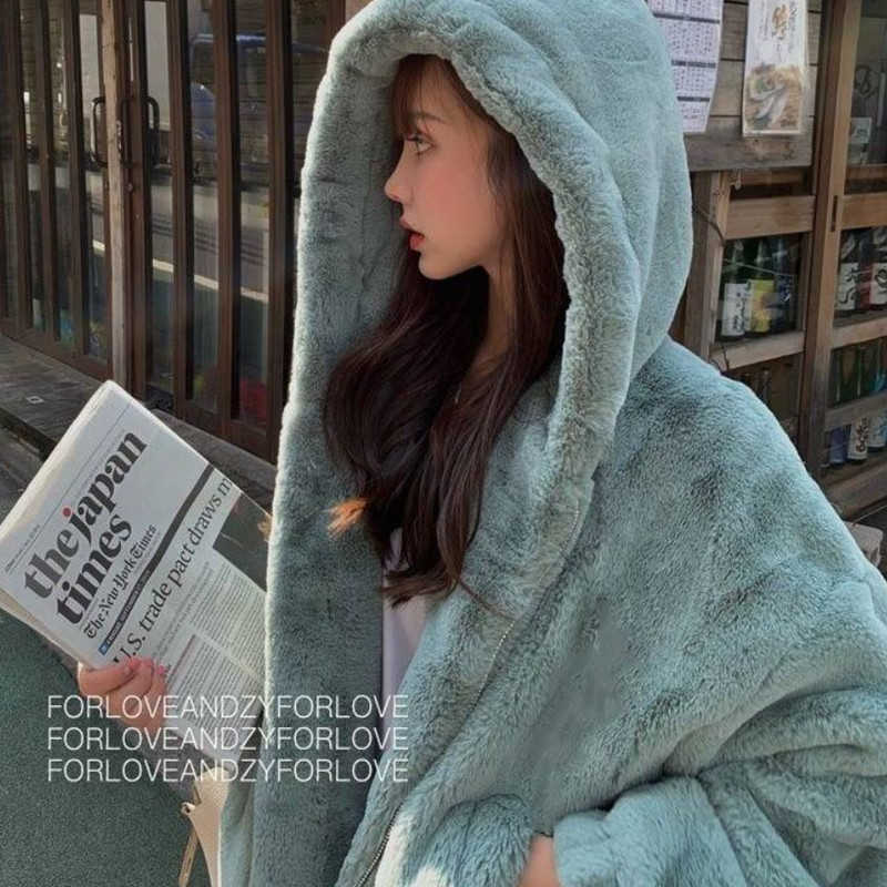 Fashion Faux Fur Coat Winter Women Casual Hooded Slim Long Sleeve Faux Fur Winter Jacket Women Casaco Feminino 211019