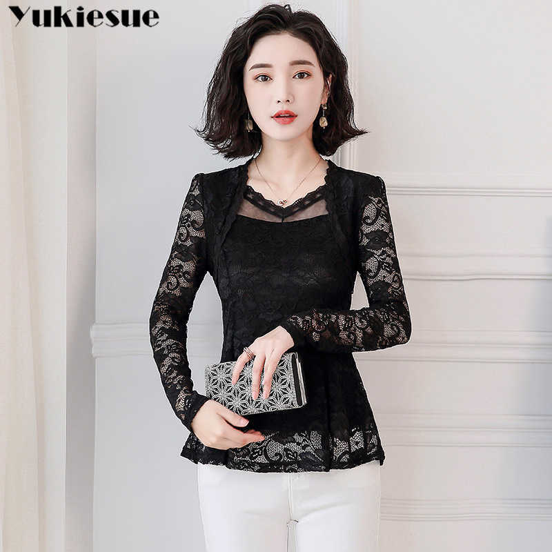fashion women blouse solid lace OL office longsleeved shirts white elegant tops hollow s 210608